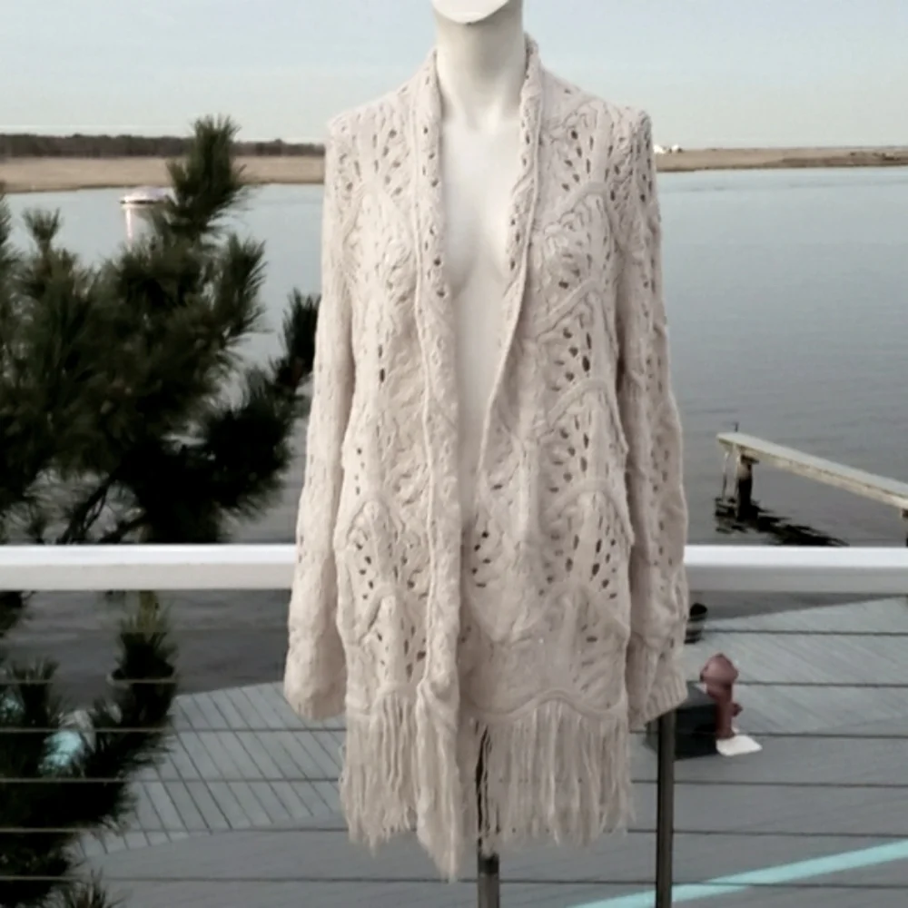 THE PARAGON Open Front Cardigan, Fringed Loose Knit Cream Color, Size L